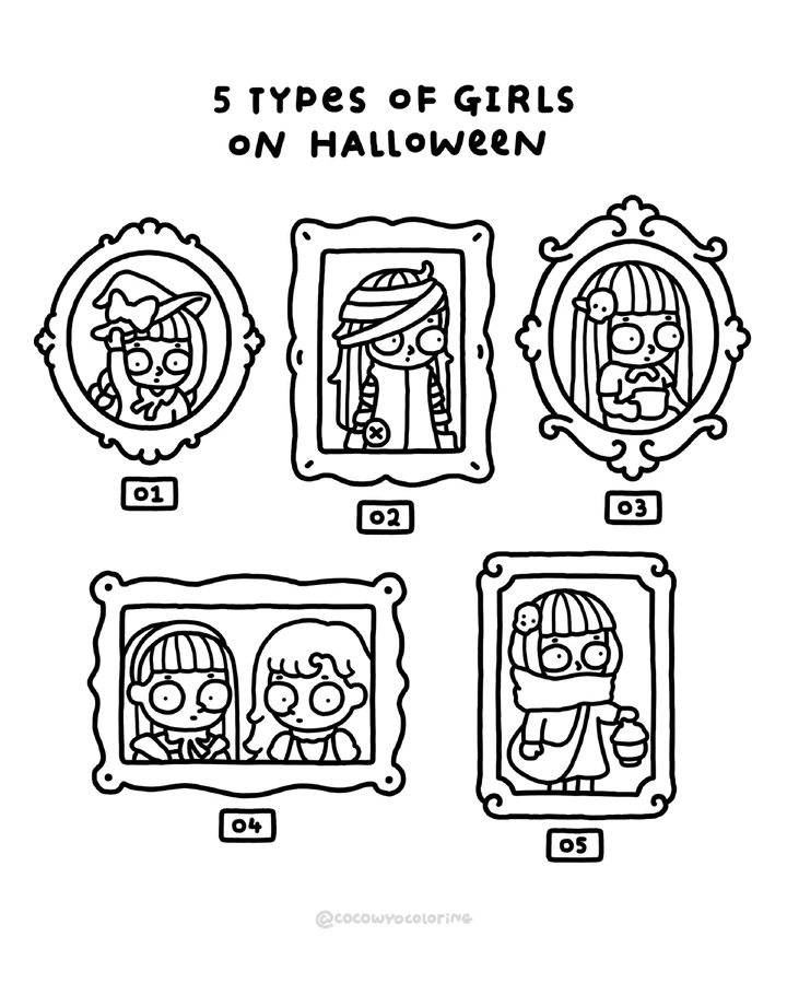 Fünf Arten von Mädchen an Halloween zum Ausmalen